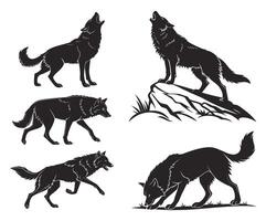 Set of five black wolf silhouettes showing different poses and actions in nature vector