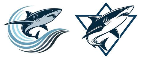 Two dynamic shark designs with waves and geometric shapes for sports and marine themes vector