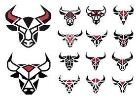 Geometric Bull Head Logo Set with Red and Black Abstract Designs vector