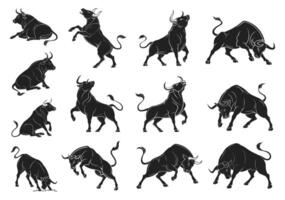 Bull Silhouette Set Strong Aggressive Bulls in Various Poses for Design vector