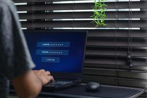 User Logging Into Network Portal on Laptop Technology Background photo