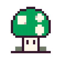 Green pixelated mushroom with white spots, showcasing retro game design and nostalgic aesthetics vector