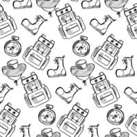 Hiking equipment pattern featuring backpacks, boots, hats, and compasses in a monochrome design. vector