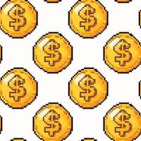Repeating pattern of pixelated gold coins with dollar signs on a white background, ideal for gaming or finance themes vector