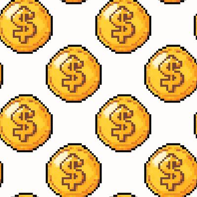 Repeating pattern of pixelated gold coins with dollar signs on a white background, ideal for gaming or finance themes