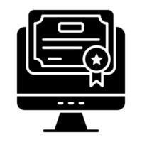 Paper with ribbon inside PC, glyph designs of online certificate icon vector