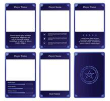 complete game card template with ancient wizard spell theme and dark blue color combination, for game ui, trading card game, and player collection card purposes. available with 10 eps files vector