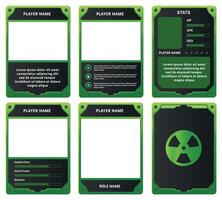 Complete game card template with radiation poison gas theme and green color combination, for ui game, trading card game, and player collection card purposes. available with eps 10 file vector