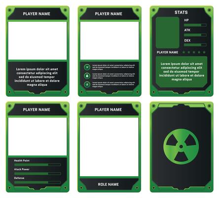 Complete game card template with radiation poison gas theme and green color combination, for ui game, trading card game, and player collection card purposes. available with eps 10 file