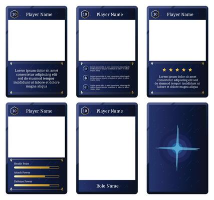 complete game card template with space theme and dark blue color combination, for ui game, trading card game, and player collection card purposes. available with eps 10 file