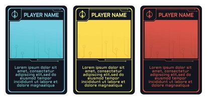 complete game card template with modern robot theme and three color pack option for trading card game, player card collection vector
