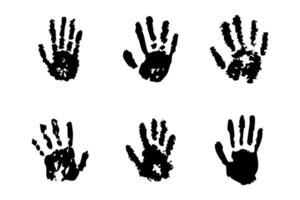 Handprint paint or ink hand stain trace. Hand shape with fingers silhouette, stamp. Set grunge imprints, human fingers and palm vector