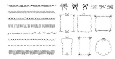 Whimsical coquette ribbon set frames and borders, hand drawn line ornament, border y2k romantic retro design element. Wavy curved vintage decor. vector