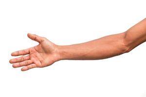 An isolated male arm extending with open palm offering handshake or assistance on white photo