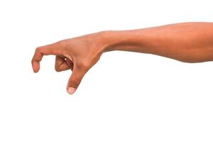 Dark-skinned hand reaching down with index finger and thumb extended on white photo