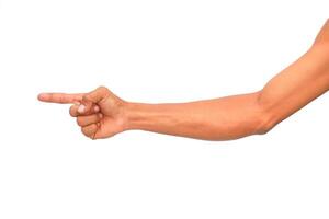 Arm and hand pointing index finger to the left on a white background for direction photo