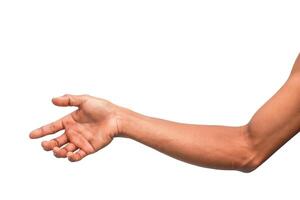 Isolated arm reaching out with an open hand on a white background, inviting or offering something photo