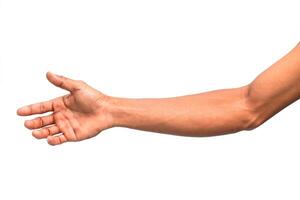 Isolated outstretched human arm and hand offering a handshake gesture against a white background for graphic design resources photo