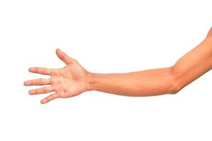 Human arm extending with an open hand against a clean white background for medical or educational content photo