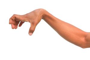 An arm with a hand in a claw-like position against a clean white backdrop, offering a versatile visual for various concepts photo