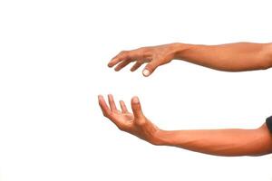 Two outstretched hands, one above the other, with a man's arms on a clean white background, creating a sense of reaching or offering photo