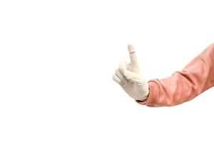 Isolated hand wearing a medical glove with a finger bandage against white backdrop photo