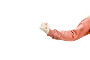 Isolated arm flex with a clenched fist against white background displaying strength photo