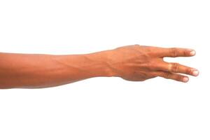 Close-up of a male arm and hand with three fingers extended against a white background representing counting or a symbol photo