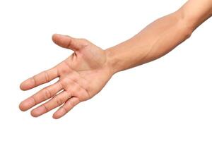 Isolated outstretched hand and arm on white background, reaching out, offering help photo
