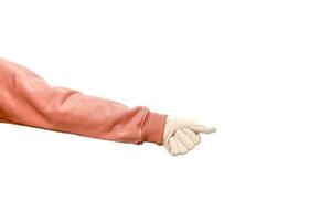 An arm with a surgical glove pointing to the right on a white background with copy space is ideal for medical or health related marketing photo