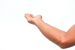 Isolated hand reaching out, offering, asking, or presenting on a white background, ready for a product or concept insert photo