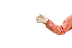 Arm in a salmon colored sweater with a gloved hand on a white background ready to hold photo