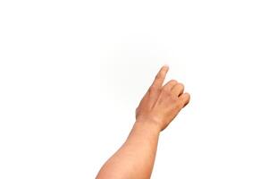 Hand pointing on a white background, symbolizing interaction or selection in a digital context photo