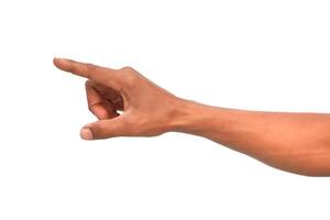 A close-up studio shot of a brown skinned hand pointing on an isolated white background, ideal for indicating directions or making a choice photo