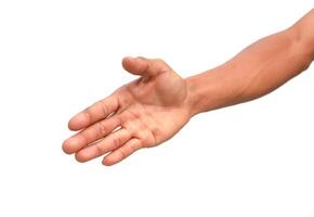 Hand Reaching Out Offering a Handshake with Isolated White Background, Open Palm Gesture photo