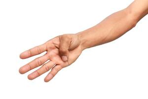 Hand showing the number four with fingers, isolated against a white background photo