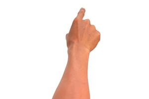 Isolated Arm and Hand Pointing Upwards Towards an Empty White Background Space photo