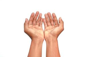 Two open hands reaching upwards isolated on a white background conveying supplication or offering photo