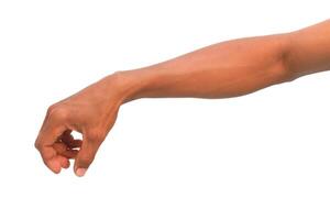 Close-up of a Person's Arm and Hand Reaching Down Isolated on White Background with Copy Space photo