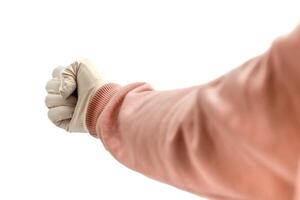 A protective gloved fist isolated on white, symbolizing safety and cleanliness, with focus on healthcare and hygiene practices. photo