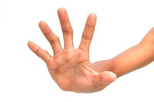 Hand gesture showing stop with fingers outstretched on a white background with arm visible, demonstrating a clear warning or refusal photo