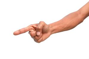 Isolated pointing hand with arm indicates a direction on a white background, emphasizing direction and clarity photo