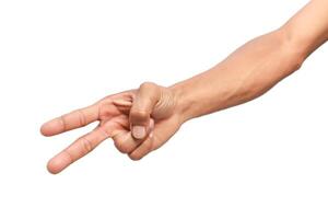 Hand with two fingers extended, representing peace, victory or the number two isolated against white background photo