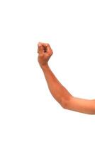 Isolated arm and hand reaching up for imaginary object on white background photo
