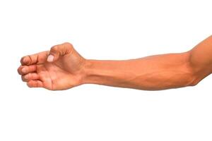 Isolated human arm with hand in gripping gesture on white background for design element showcasing strength photo