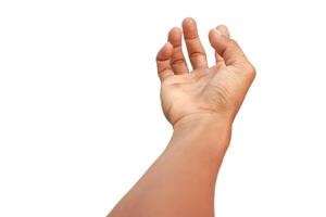 Isolated outstretched hand on a white background offering or reaching for something, ideal for presentations or design projects photo