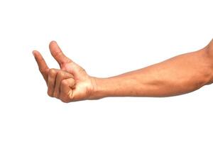A Man's Arm and Hand Gesture on a White Background Symbolizing Something Small or Tiny photo