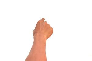 Close-up of a raised hand pointing upwards against a white background offering design flexibility photo