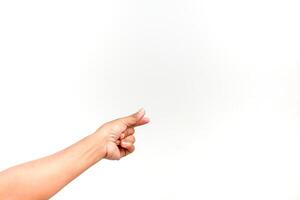Hand gesture of pinching or holding something small, isolated on white background, close up view photo