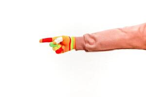 A colorful gloved hand points to the left, isolated on a clean white background, artistic concept photo